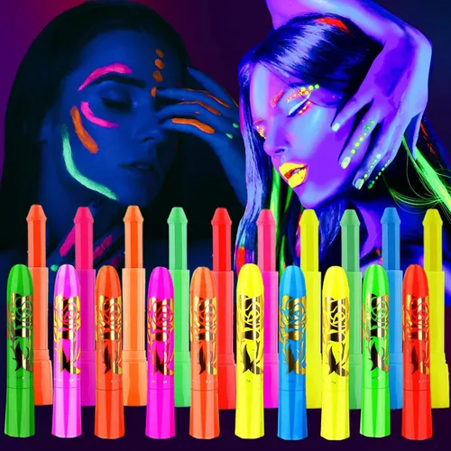 Kit de crayones de pintura facial de 10 colores que brillan en la luz negra, maquillaje con luz negra UV, pintura facial y corporal, marcadores para