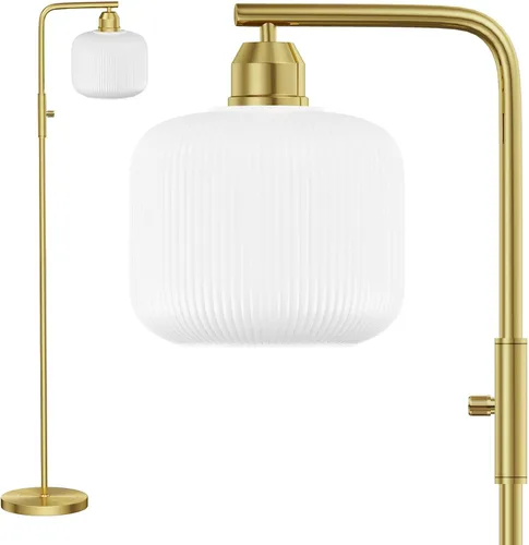 Miniatura 9 de Lámpara de pie de cristal para sala de estar, moderna lámpara de pie con pantalla de vidrio acanalado verde e interruptor de pedal, lámpara de pie