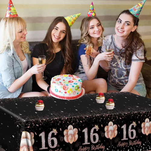 Miniatura 4 de GREHUMOR 3 manteles de fiesta de cumpleaños de 16 años para niñas, color oro rosa, suministros de fiesta de cumpleaños de 16 años, cubierta de mesa