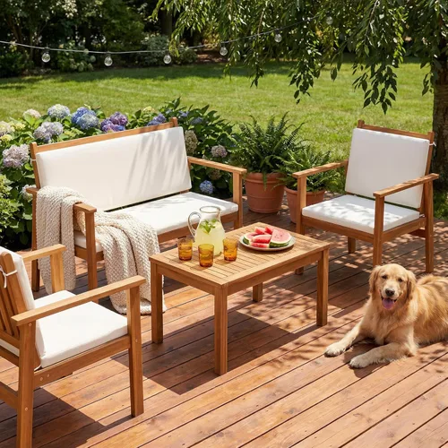 Devoko Muebles de patio, 4 piezas, madera de acacia, juego de sofá de conversación al aire libre con mesa y cojines, sillas de porche para jardín,