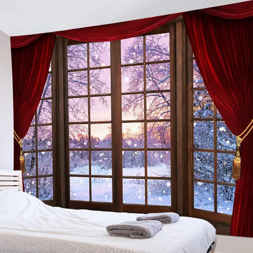 Miniatura 14 de HVEST Tapiz de bosque de invierno para colgar en la pared, montaña, nieve y pino, exterior, ventana de Navidad, arte de pared, tapiz de invierno