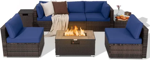 Tangkula Juego de sofá de mimbre para exteriores de 8 piezas, juego de conversación de ratán para patio con mesa de fuego de propano de 32 pulgadas