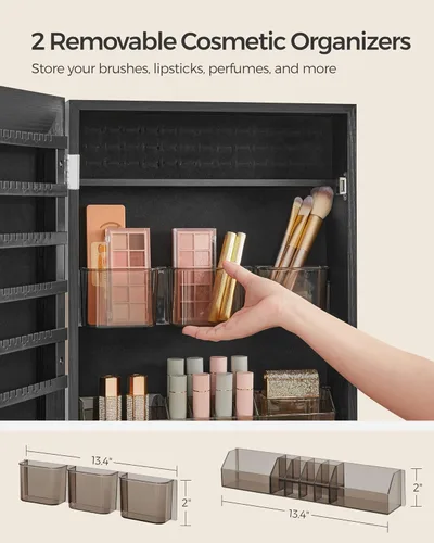 Miniatura 12 de SONGMICS Gabinete colgante de joyería, gabinete de pared con luces interiores LED, organizador de joyas montado en la puerta, espejo de cuerpo Blanco