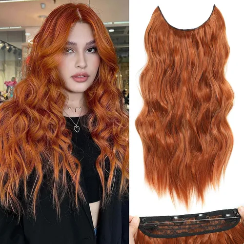 Miniatura 60 de Extensiones de cabello con halo de 12 pulgadas con alambre invisible, cabello largo ondulado ajustable, sintético, mejora con 4 clips de seguridad