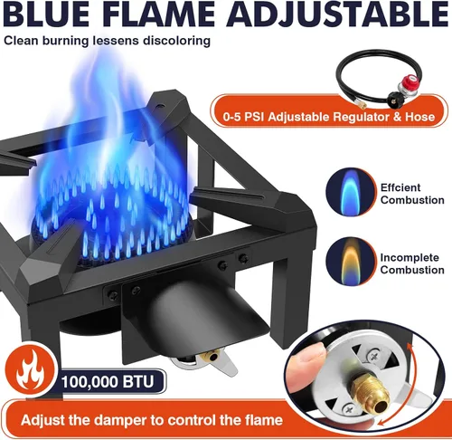 Miniatura 5 de LLAMA VIVA Quemador de propano, estufa de gas de una hornilla de alta presión de 100,000 BTU con bolsa de agua y manguera ajustable de 4.1 pies