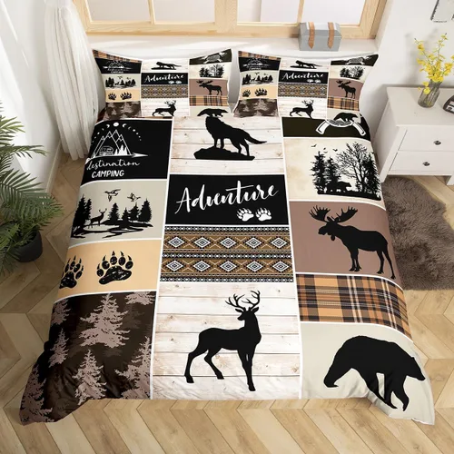 Miniatura 16 de Juego de funda de edredón para niños de ciervo, oso, lobo, tamaño individual, juego de ropa de cama de cabaña de aventura para niños, niñas