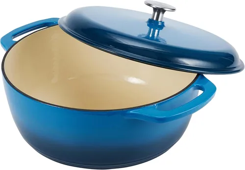 Miniatura 2 de Amazon Basics Olla de horno holandés de hierro fundido con tapa, esmaltada, redonda, doble asa, resistente, pequeña, 4.3 cuartos de galón, azul