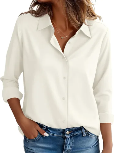 Miniatura 12 de CBOO Camisas resistentes a las manchas para mujer, sin arrugas y sin planchado, blusa de manga larga con botones para oficina Blanco resistente a