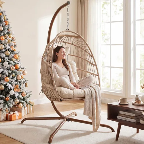 Miniatura 2 de NICESOUL Acogedora silla colgante con soporte para interiores y exteriores, silla columpio de mimbre para patio con cojín y patas doradas, 350