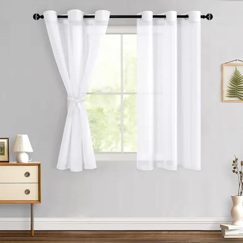 Miniatura 14 de Hiasan - Cortinas traslúcidas de gasa cortas semitransparentes con ojales y alzapaños filtrantes de luz para ventana, dormitorio, baño, 2 paneles