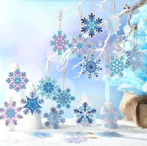 Miniatura 5 de Tondiamo Juego de 20 llaveros de pintura de diamantes de copo de nieve 5D DIY para bricolaje, adornos de diamantes de invierno, colgantes de doble