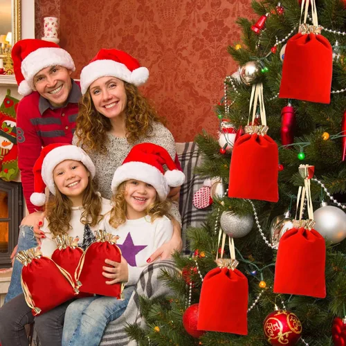 Miniatura 5 de KIPETTO Bolsas de terciopelo con cordón para Navidad, 25 unidades, bolsas de regalo de terciopelo con cordón, bolsas de joyería para dulces de Rojo