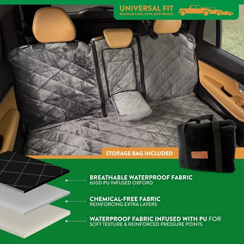 Miniatura 4 de Plush Paws Products Funda de asiento trasero convertible de terciopelo Costuras duraderas de diamante Funda de asiento trasero lavable e Gris