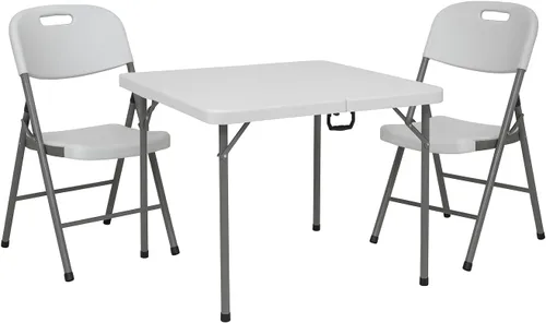 BTEXPERT Juego de mesa plegable de 3 piezas portátil y silla, mesa cuadrada de plástico blanco de 34 pulgadas, 2 sillas para adultos para juegos de