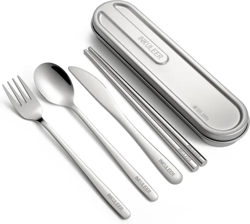 Miniatura 15 de Juego de cubiertos de viaje, cubiertos de acero inoxidable 18/8, juego de utensilios reutilizables con estuche, cubiertos portátiles para lonchera