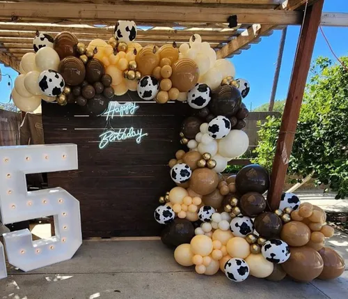 Miniatura 7 de Kit de arco de globos de vaquero – 150 piezas de cacao de albaricoque marrón desnudo con globos de impresión de vaca para decoración de fiesta