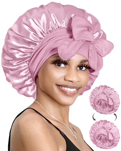 Miniatura 18 de BONNET QUEEN Gorro de seda para dormir, gorro de satén con lazo para el cabello, doble capa, para mujeres, cabello rizado, color marrón