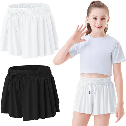 2 Packs Girls Athletic Butterfly Shorts Flowy Shorts for Kids with Pocket 2-in-1 Tennis Running Shorts for Active Workout