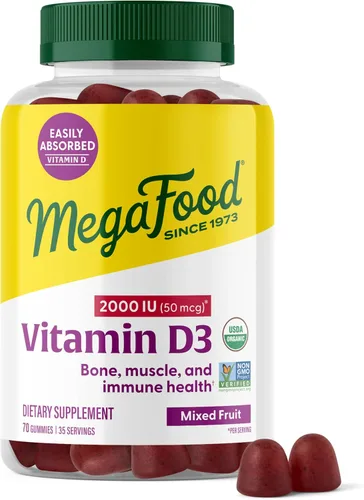 MegaFood D3 1000 IU (25 mcg) - Suplemento de vitamina D para apoyo óseo, muscular e inmunológico, sin OMG, sin gluten, frutas mixtas, 70 unidades