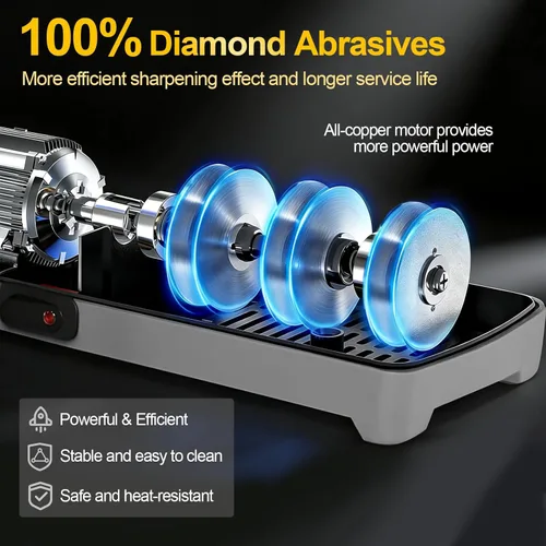 Miniatura 7 de Afilador de cuchillos eléctrico para cocina, sistema profesional de 3 etapas 100% diamante con ángulo de precisión de 20°, afilado rápido para Negro