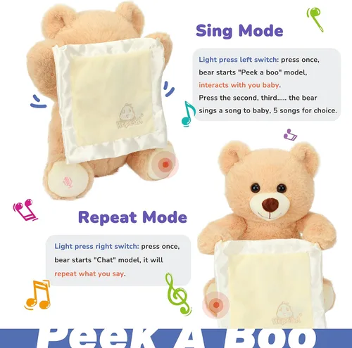 Miniatura 4 de Hopearl Peek A Boo Bear con manta de seguridad, interactivo, repite lo que dices, juguete de peluche musical que canto y habla, adorable animal