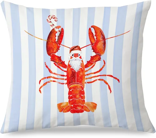 Miniatura 8 de Fundas de almohada costeras de langosta, fundas de almohada náuticas de langosta roja de Nueva Inglaterra con rayas azules y blancas para casa