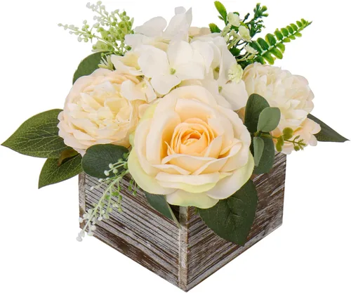 Miniatura 10 de DILATATA Arreglo floral con jarrón de madera, flores artificiales de 10 pulgadas en maceta, flores falsas en jarrón rectangular de madera blanco