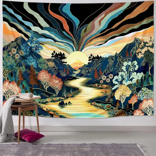 Miniatura 3 de Dermijer Tapiz con luz negra, bosque y montaña, tapiz solar reactivo a los rayos UV, tapices de paisaje retro con luz negra, acuarela, árboles, arte