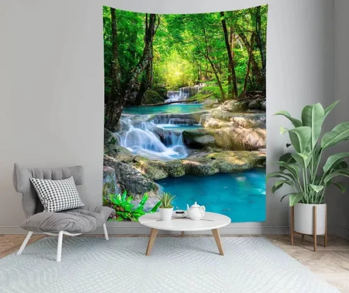 Miniatura 4 de BELECO Tapiz de bosque verde, hermoso tapiz de cascada de selva tropical, bosque de primavera, paisaje natural, fondo de fotos, tapices de pared