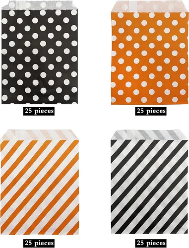 Miniatura 7 de Jexila Paquete de 100 bolsas de regalo de Halloween, bolsas de papel con patrón de lunares naranjas y negros con patrón de rayas para niños, regalos
