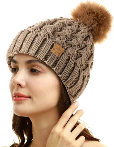 Miniatura 2 de PAGE ONE Womens Winter Ribbed Beanie Crossed Cap Chunky Cable Knit Pompom Soft Warm Hat