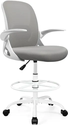 Miniatura 3 de Silla de dibujo alta de oficina con reposabrazos abatibles, altura ajustable y soporte lumbar mejorado, taburete ergonómico rodante, soporte de Gris