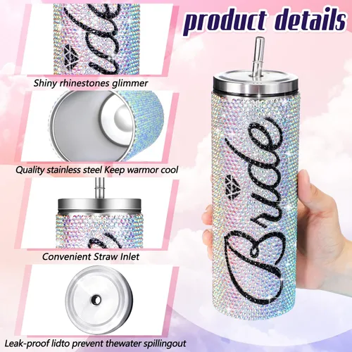 Miniatura 4 de Hoolerry - Vaso de novia con diamantes de imitación para novia, con tapa para popote y cepillo, acero inoxidable aislado, 16.9 onzas, regalos