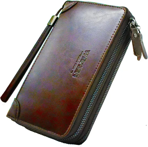 Bolso de mano para hombre bolso de cuero genuino con cremallera cartera larga para negocios bolso de mano grande
