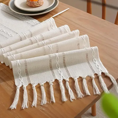 Miniatura 25 de Niviy Caminos de Mesa Bohemios de 120 Pulgadas de Largo Camino de Mesa de Macramé de Granja de Algodón y Lino Tejido Caminos de Mesa para Mesa