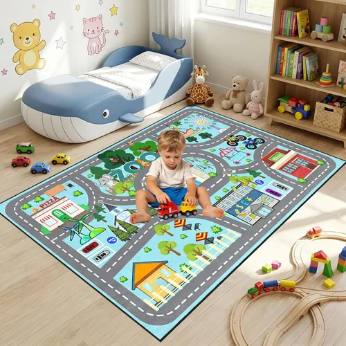 Miniatura 12 de Alfombra de carretera para habitación de niños, alfombra de juego azul para pista de carreras, alfombra de coche para dormitorio, sala