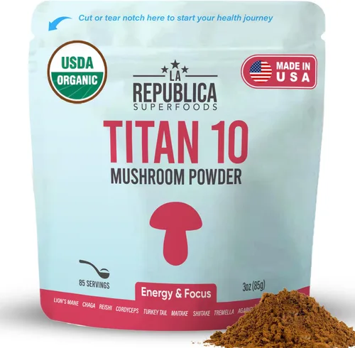 La Republica Titan10 - Polvo orgánico de hongos de 3 onzas para concentración, inmunidad, energía, salud intestinal y piel (85 porciones)