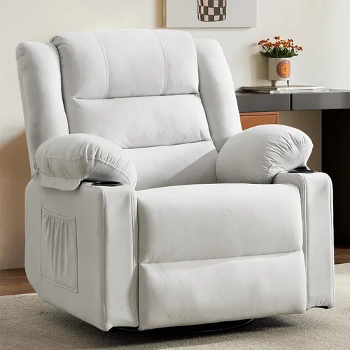 Mecedora reclinable para adultos, silla reclinable giratoria de 360° con masaje y calefacción, mecedora manual con portavasos para sala de estar,