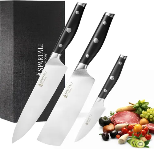 Juego de cuchillos de cocina de 3 piezas, incluye cuchillo de chef de 8 pulgadas, Nakiri de 7 pulgadas, pelado de 3.5 pulgadas, cuchillas de acero