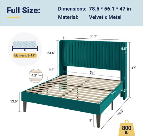 Miniatura 2 de Allewie - Base de cama tamaño Full con plataforma acolchada tapizada en terciopelo/cabecera tapizada con diseño acanalado vertical/listones de Verde