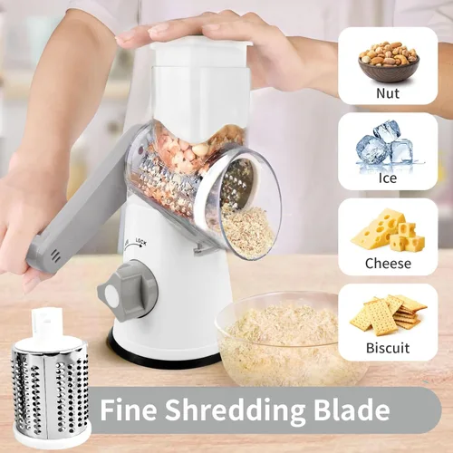 Miniatura 4 de Rallador de queso giratorio, triturador manual de queso con 3 cuchillas intercambiables, rallador de queso con manivela de mano con base de succión