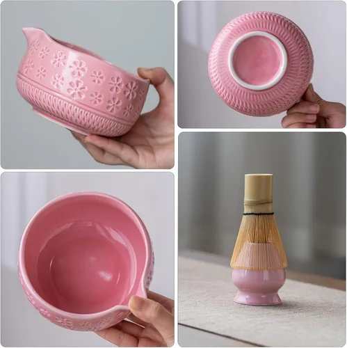Miniatura 4 de Buucup Juego de batidor de matcha, juego de cerámica matcha incluye cuenco matcha, batidor y soporte de matcha, cuchara de bambú, soporte para Rosa