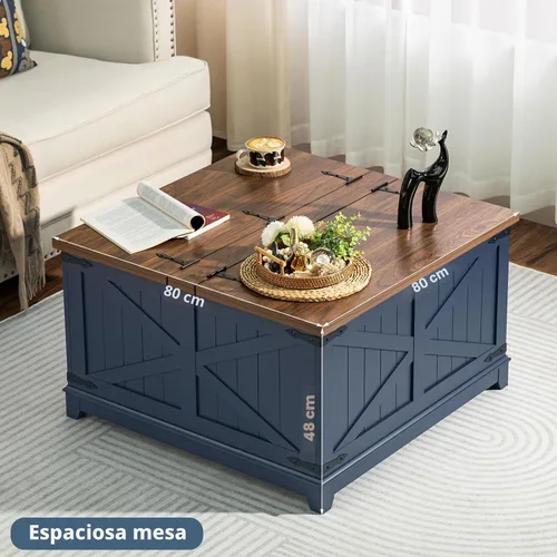 Miniatura 5 de Joaxswe - Mesa de café de granja con organizador de almacenamiento oculto, mesa central cuadrada moderna y grande, mesas bajas de madera estilo Azul