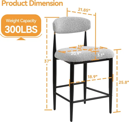 Miniatura 2 de Morden Fort Juego de 2 taburetes de bar de altura de mostrador, modernos taburetes tapizados con respaldo alto y patas de metal negro, sillas