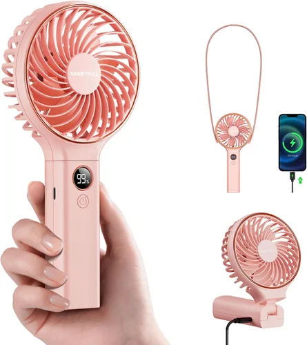 Miniatura 12 de SWEETFULL Ventilador portátil de mano, batería recargable de 5000 mAh, viento de 6 velocidades, pantalla digital LED, mini ventilador de viaje Negro