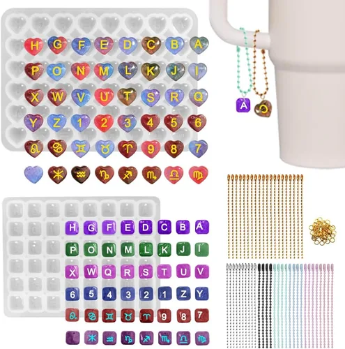 96 moldes de resina con agujero, moldes de resina con números del alfabeto AFUNTA de silicona, moldes de silicona con forma de corazón, moldes de