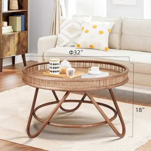 Miniatura 2 de FINECASA Mesa de centro redonda de ratán bohemio, tejida a mano, estilo moderno, mesa de centro redonda de mimbre para sala de estar, 32 x 18 Marrón