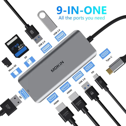 Miniatura 2 de Estación de acoplamiento, adaptador USB C, adaptador multipuerto de pantalla triple 9 en 1 con 2 HDMI 4K, DisplayPort, 3 USB, 100 W PD, lector