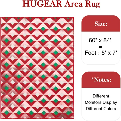 Miniatura 2 de HUGEAR Tapete navideño de 5 x 7 pies, lavable a máquina, de pelo bajo, rojo/verde, alfombra grande geométrica y antideslizante para dormitorio, sala