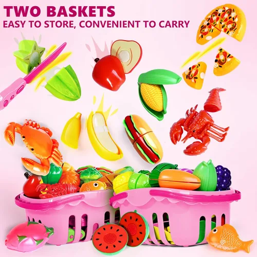 Miniatura 3 de Juego de 100 piezas de comida para niños, juguete de comida de simulación para niños pequeños, accesorios de juguetes de cocina con 2 cestas, corte